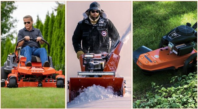 Bilde delt i tre vertikale deler med en gressklipper og snøfreser fra Ariens.